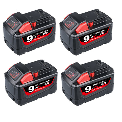 Clearance | For Milwaukee 18V Battery 9Ah Replacement |  M18 Batteries 4 Pack