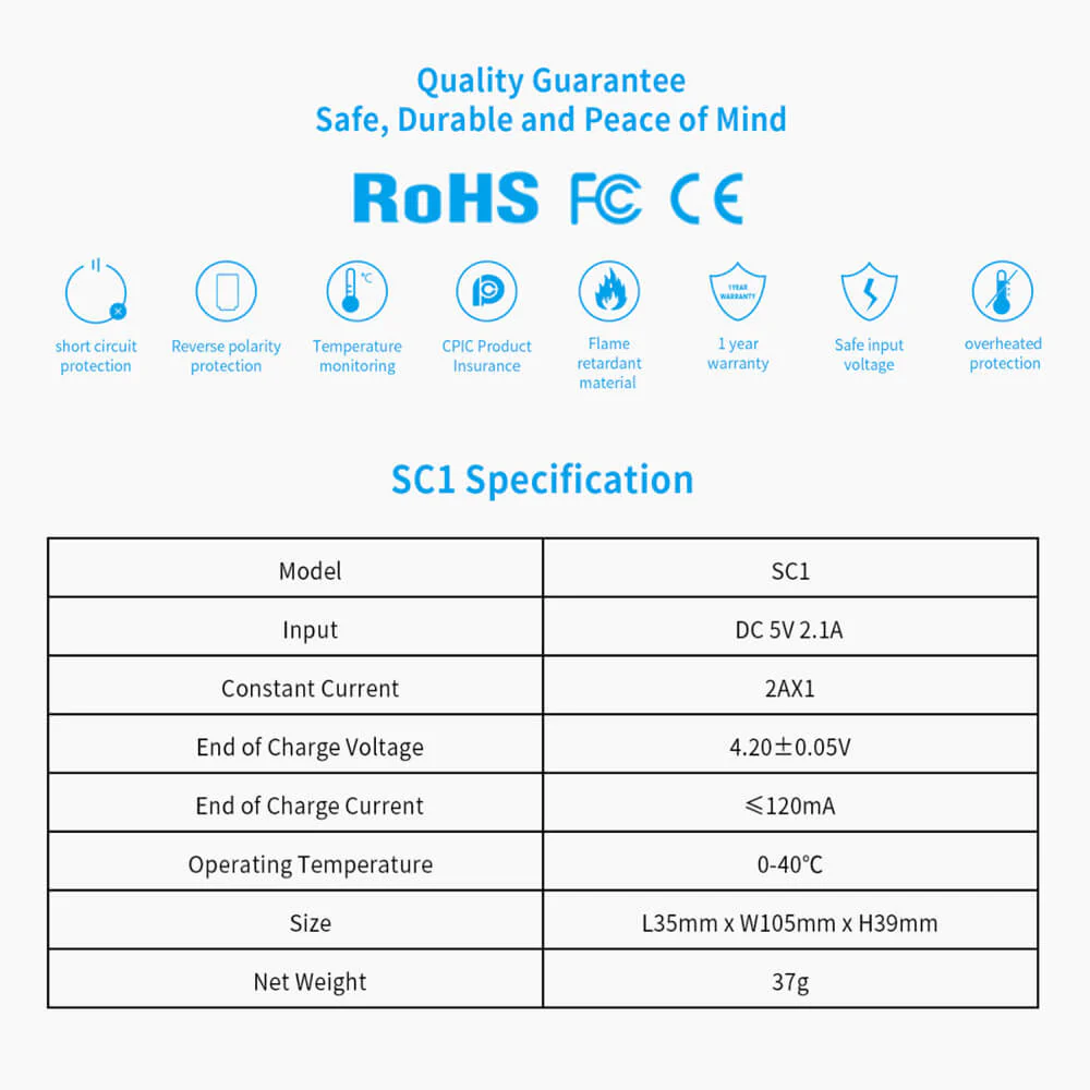 SC1 2amp 1 slot cost-effective Micro USB fast charger for 3.6V/3.7V Li ion 18650/20700/21700/26650