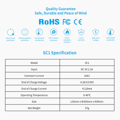 SC1 2amp 1 slot cost-effective Micro USB fast charger for 3.6V/3.7V Li ion 18650/20700/21700/26650