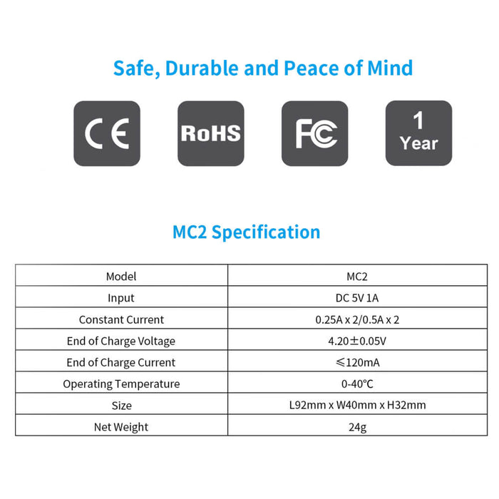 MC2 2 slots 0.5amp Smart Li-ion 18650 Battery Charger