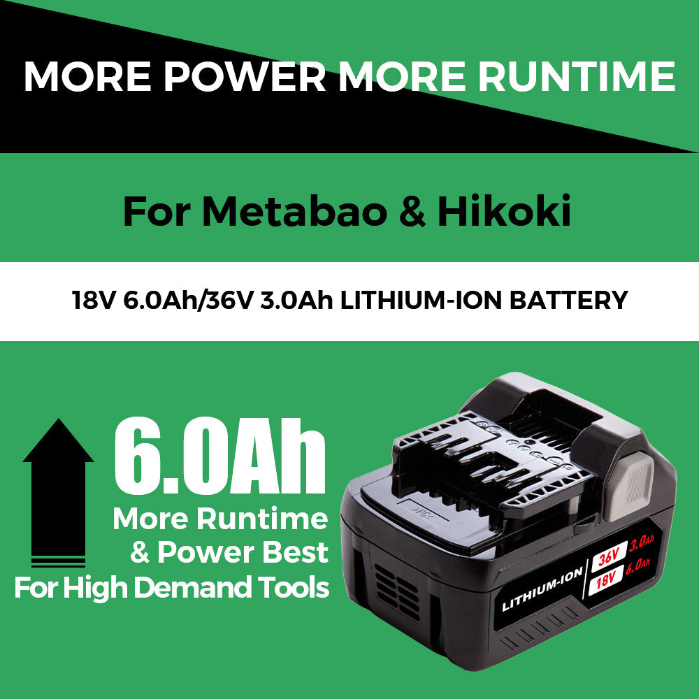 18V/36V 6.0Ah Lithium-ion Replacement Battery for Metabo HPT( Hitachi) MultiVolt Battery / 371751M 372121M BSL36A18 BSL36B18